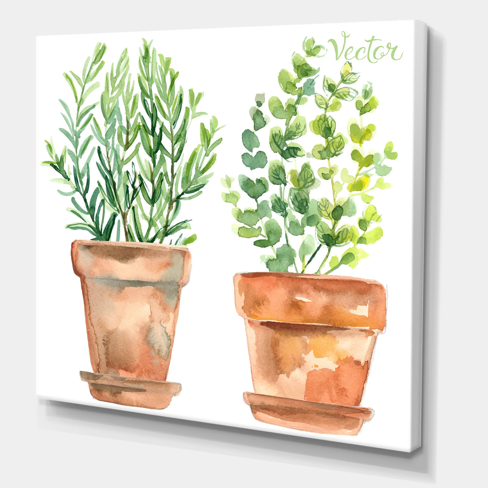 Designart - Two Green House Plants In Orange Flower Pots